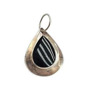 ROMA 925 Sterling Silver Black Onyx Stone Teardrop Pendant Vintage